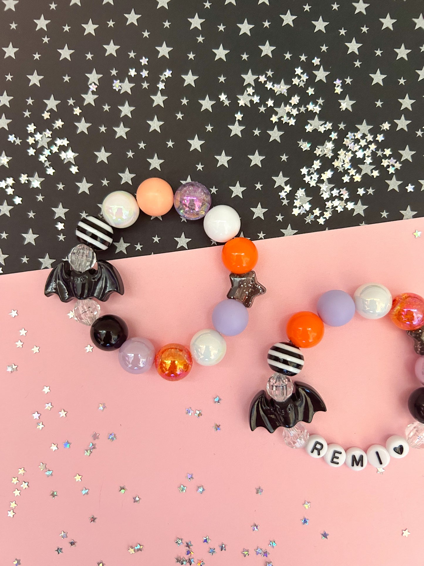 Halloween Bat with Star Charm Bracelet, Kids, Personalized, Custom Name