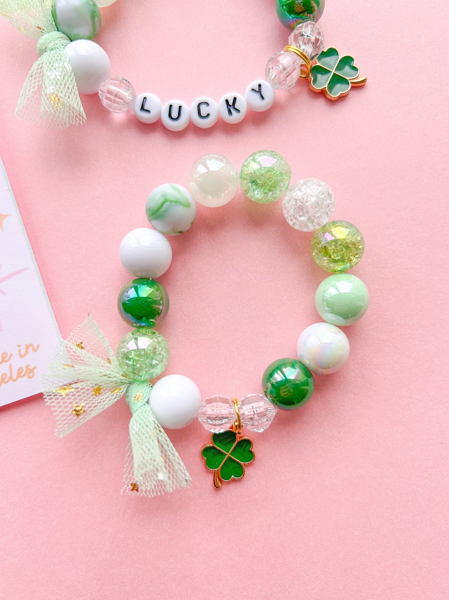 St. Patrick’s Day Clover 2 Shamrock Kids Beaded Charm Bracelet