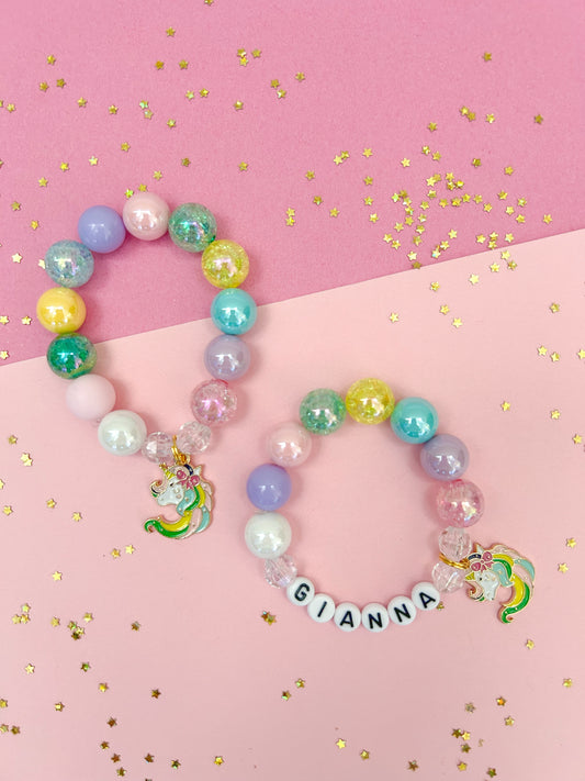 Rainbow Unicorn Kids Charm Bracelet, Personalized, Custom Name