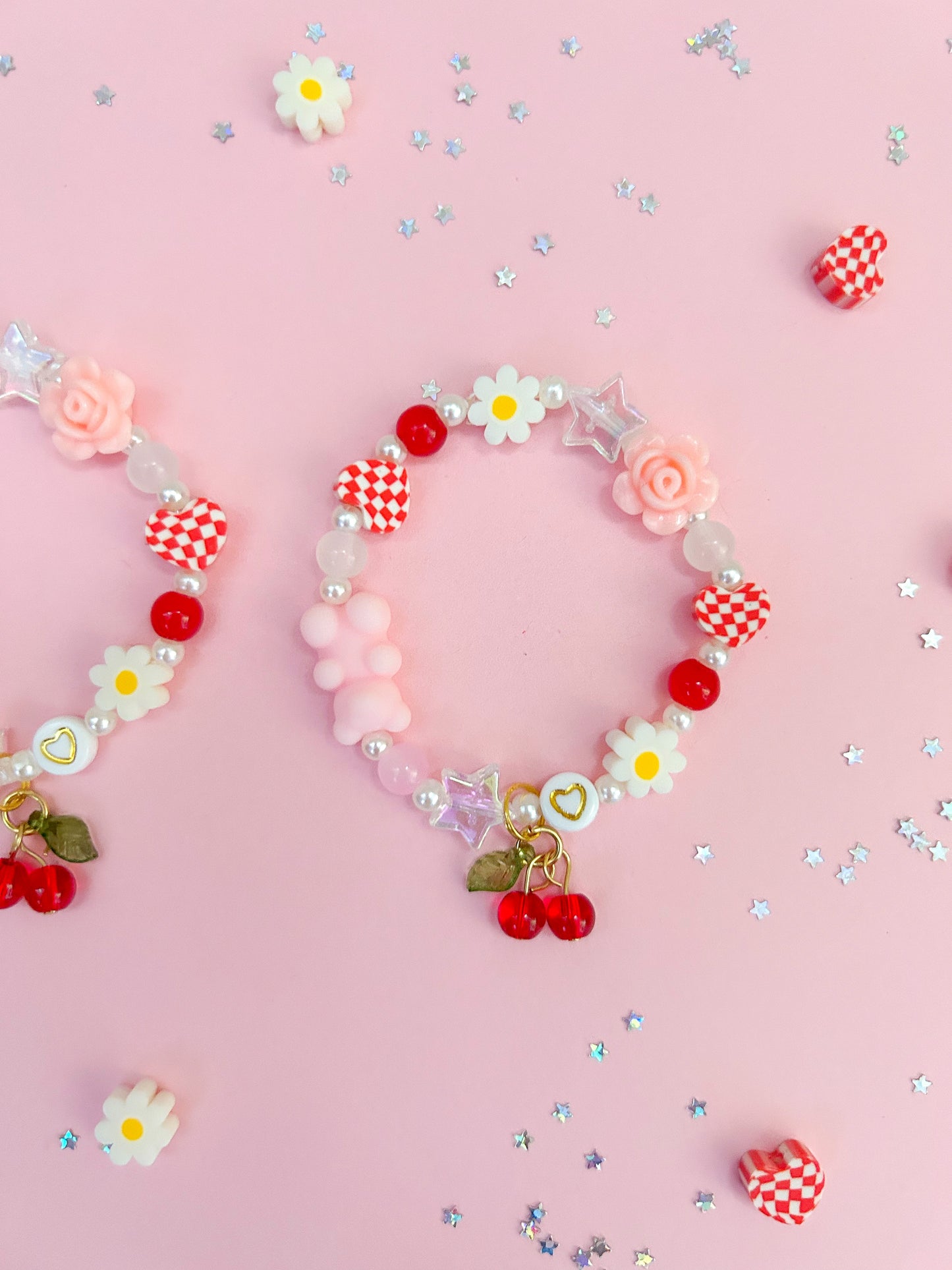 Multi Bead Cherry Daisy Bear Stacker Charm Bracelet, Personalized, Custom Name