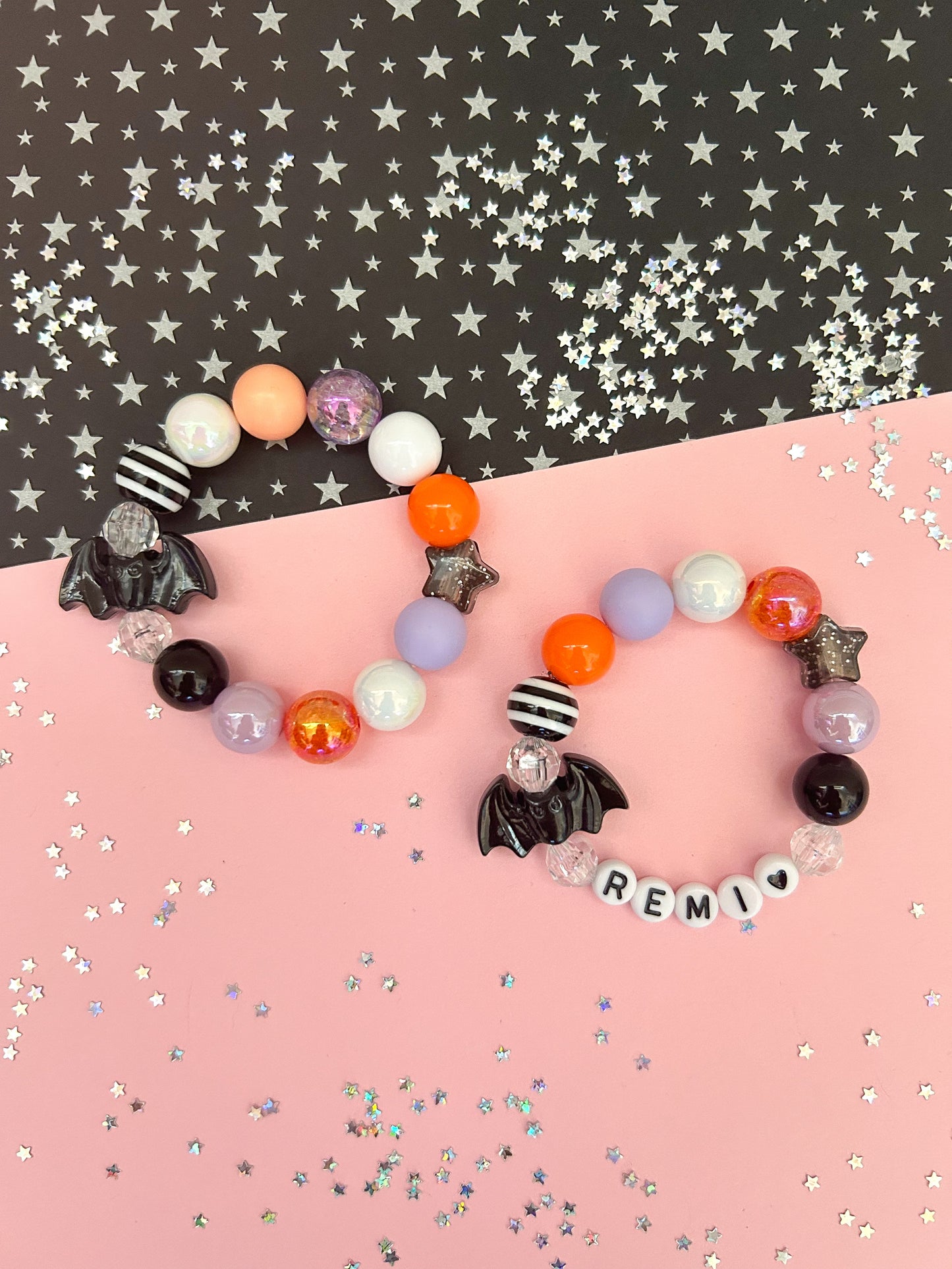 Halloween Bat with Star Charm Bracelet, Kids, Personalized, Custom Name