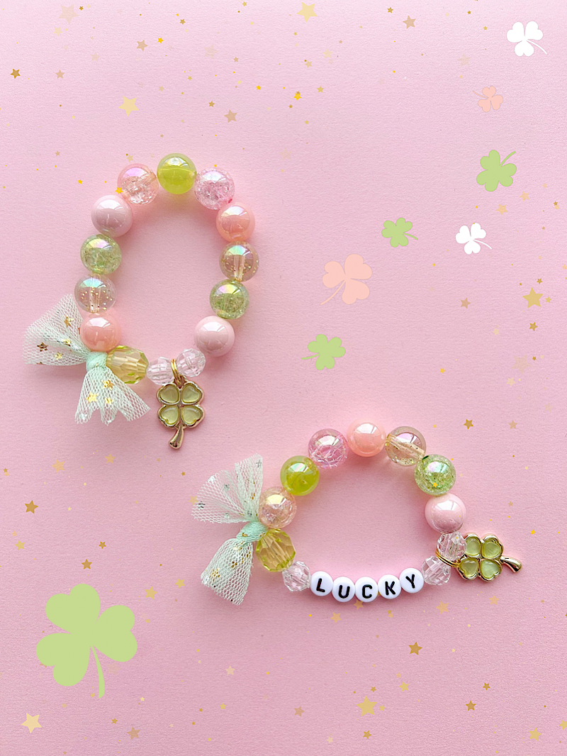 St. Patrick’s Day Clover Shamrock Kids Beaded Charm Bracelet