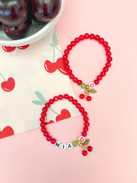 Cherry 6mm Stacker Charm Bracelet, Personalized, Custom Name