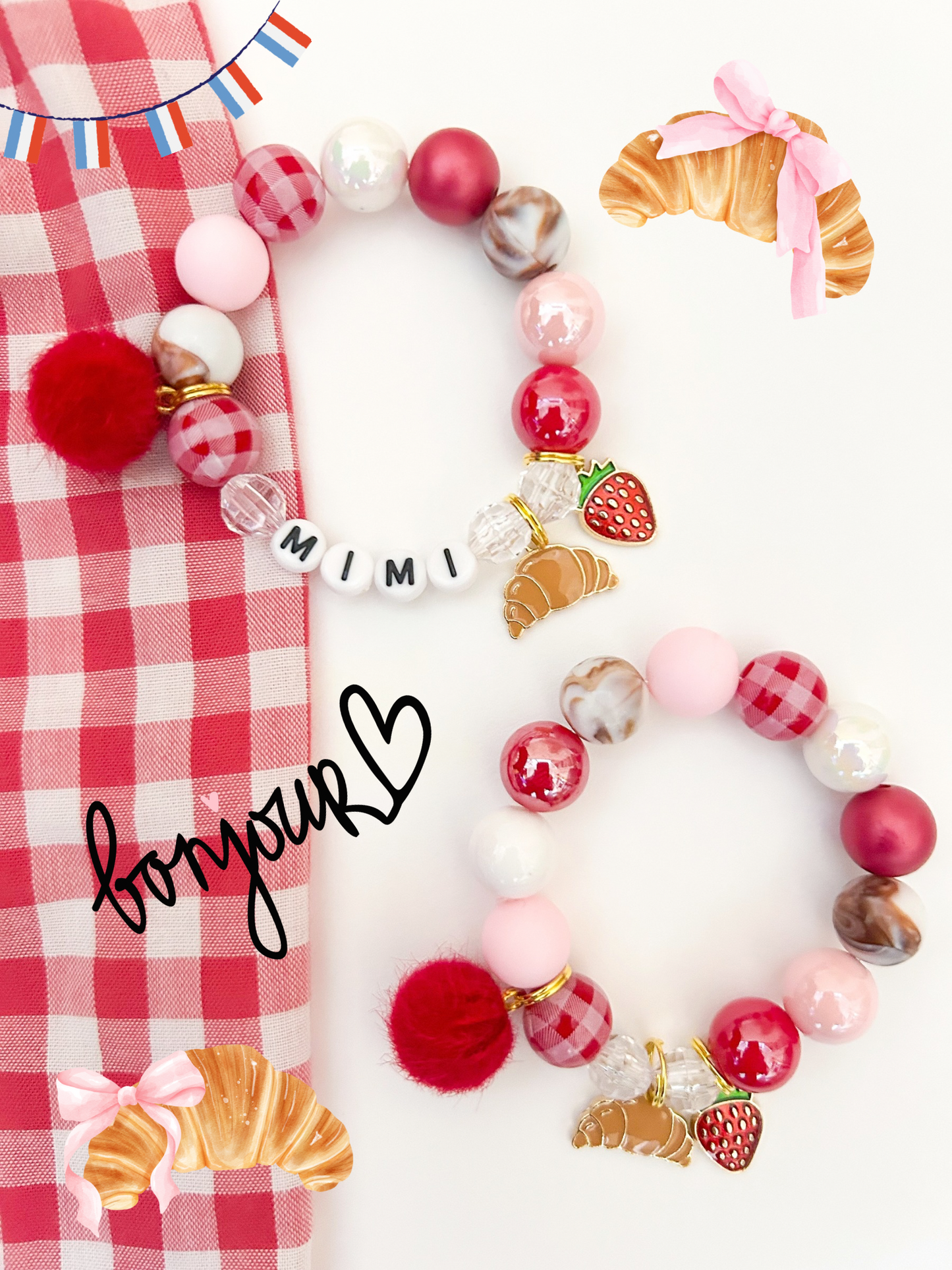 Valentine Croissant With Strawberry Kids Beaded Charm Bracelet