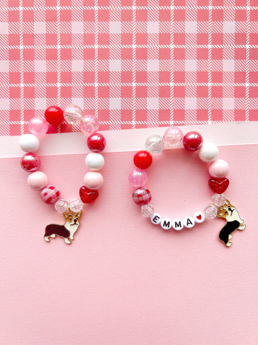 Valentine Corgi Kids Beaded Charm Bracelet