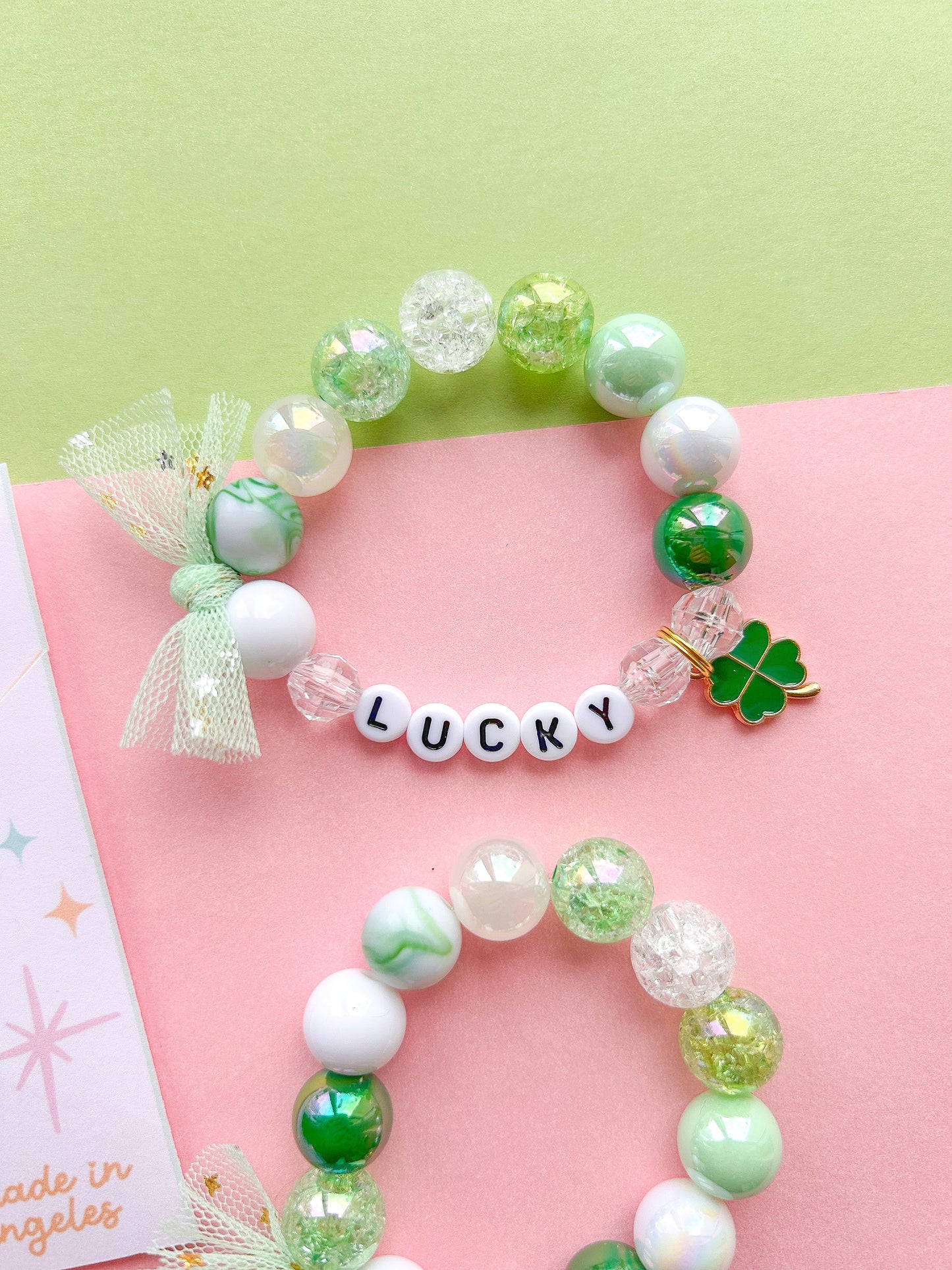 St. Patrick’s Day Clover 2 Shamrock Kids Beaded Charm Bracelet