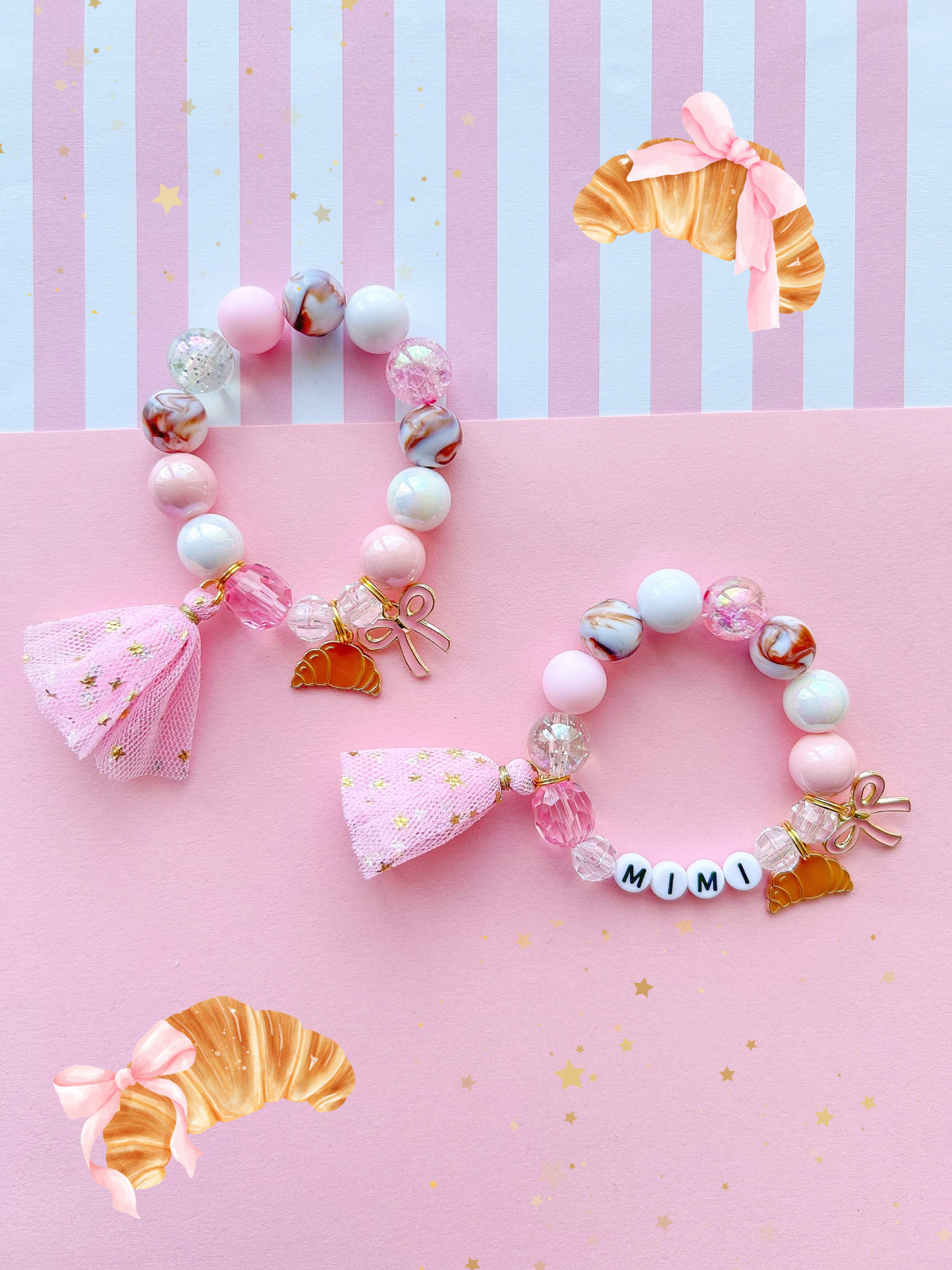 Pink Croissant With Bow Kids Beaded Charm Bracelet