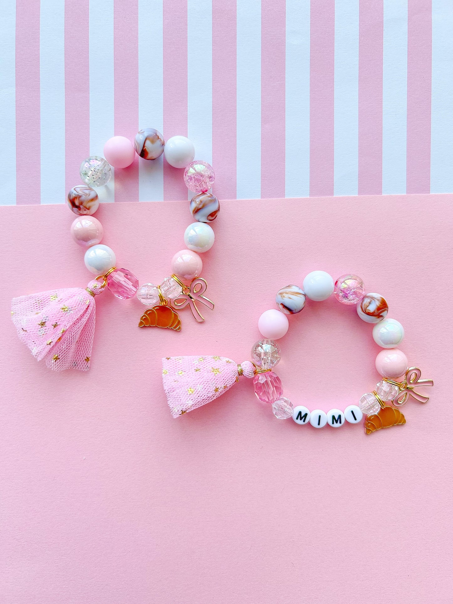 Pink Croissant With Bow Kids Beaded Charm Bracelet