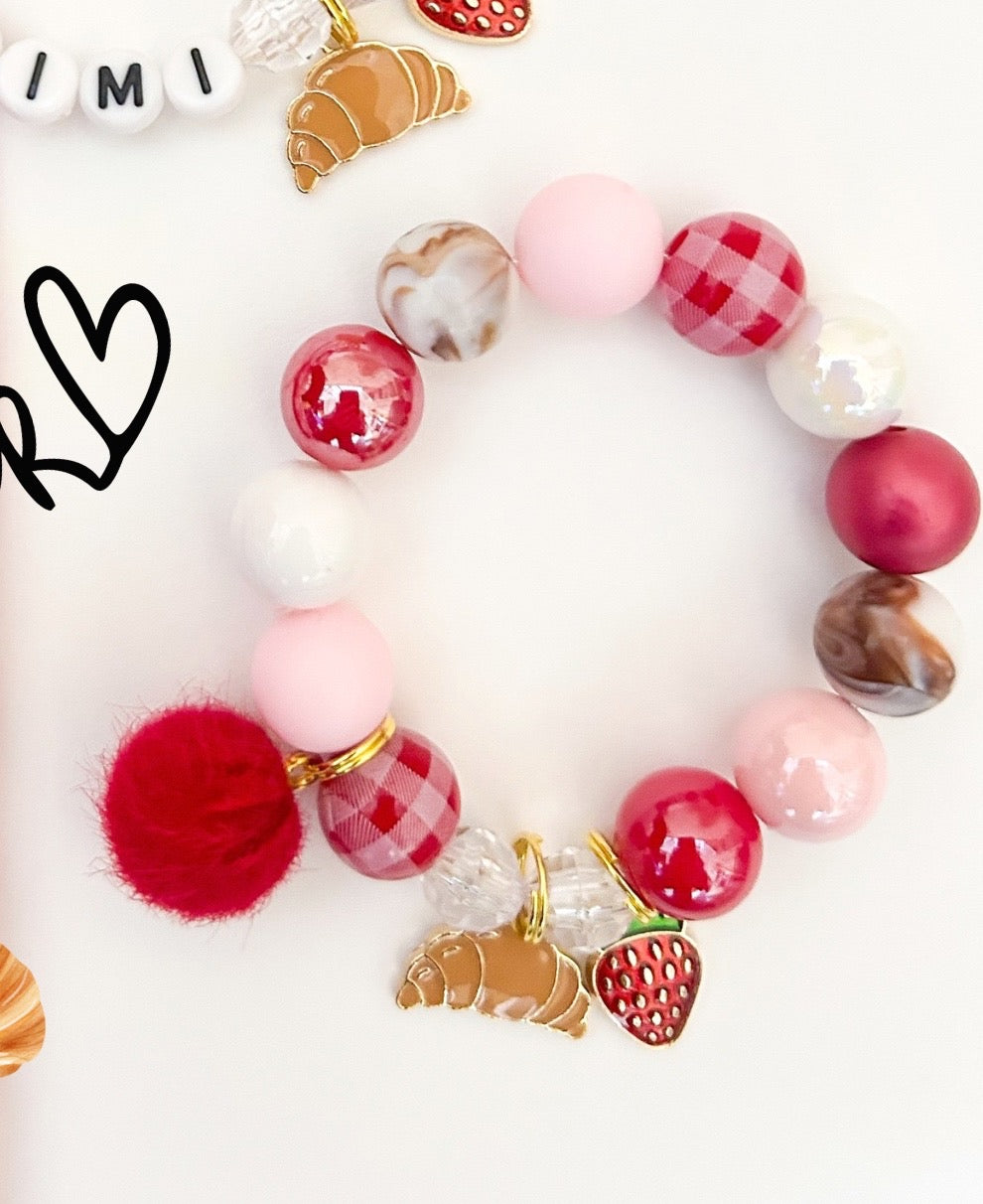 Valentine Croissant With Strawberry Kids Beaded Charm Bracelet