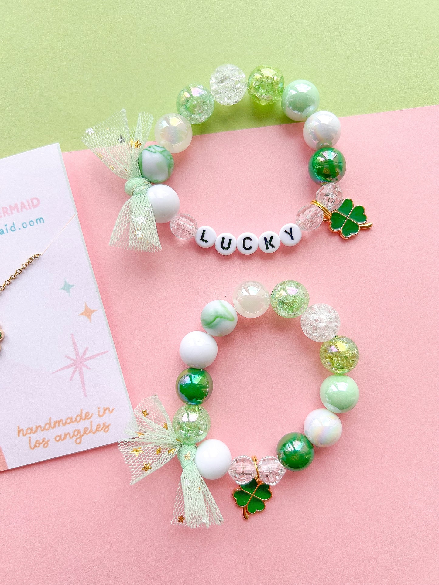 St. Patrick’s Day Clover 2 Shamrock Kids Beaded Charm Bracelet