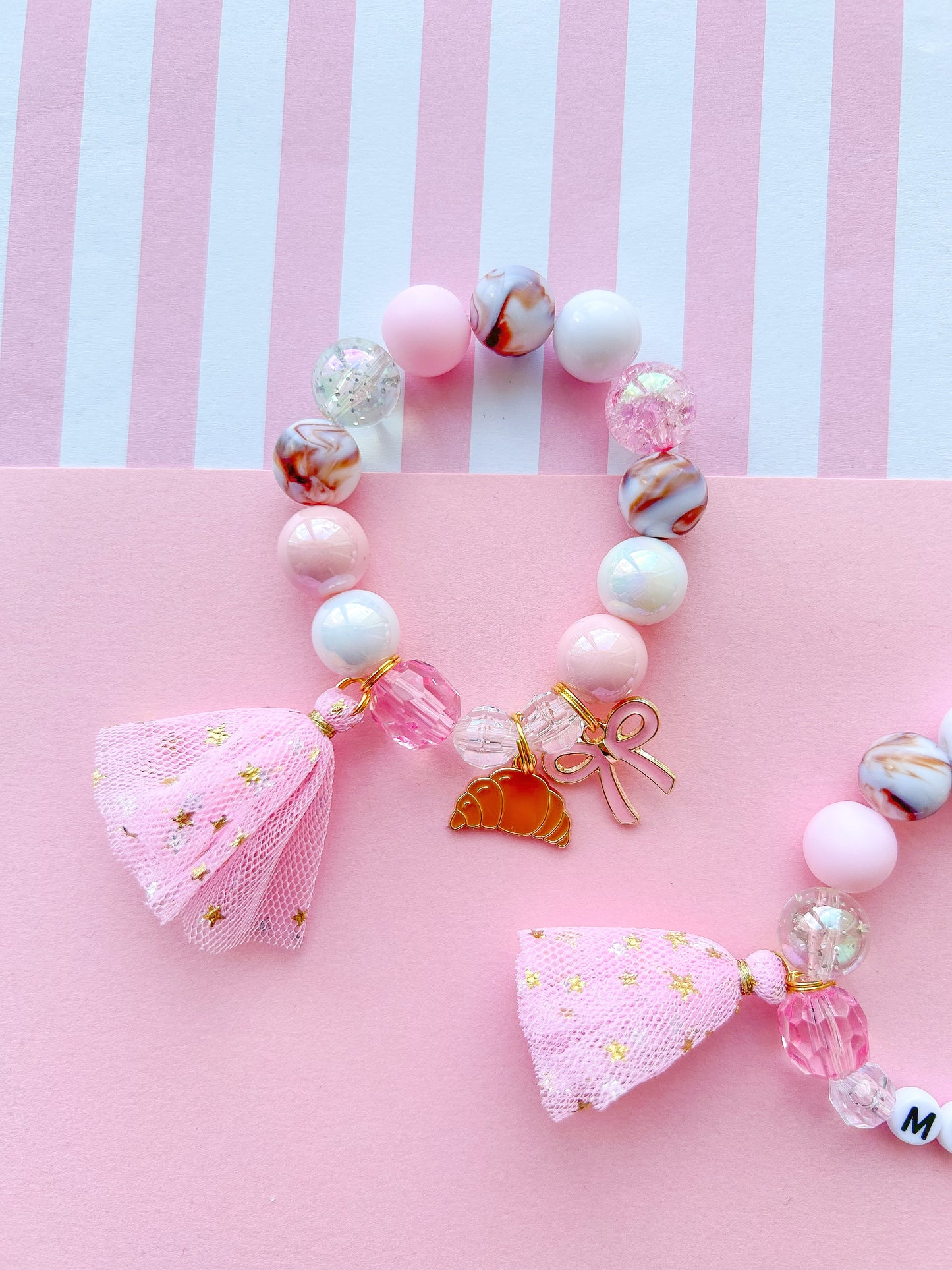 Pink Croissant With Bow Kids Beaded Charm Bracelet