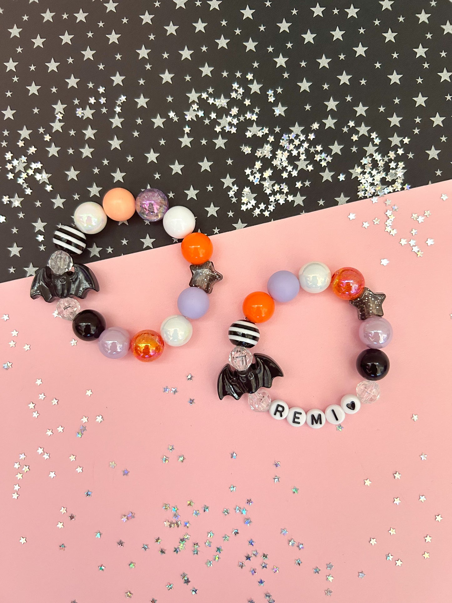 Halloween Bat with Star Charm Bracelet, Kids, Personalized, Custom Name