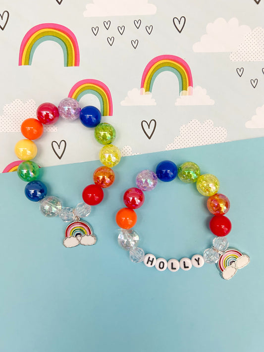 Kids Rainbow Charm Bracelet, Personalized, Custom Name