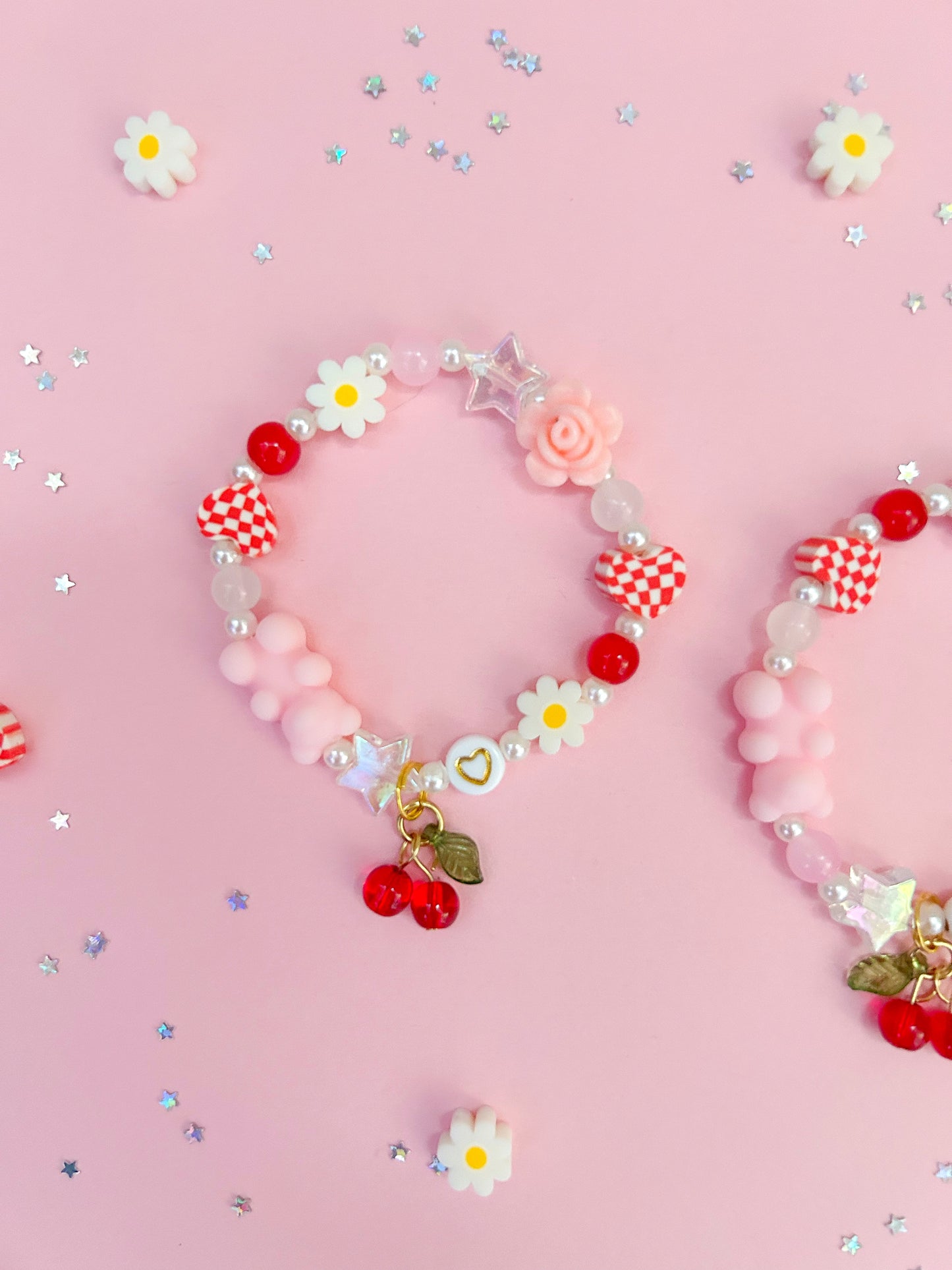 Multi Bead Cherry Daisy Bear Stacker Charm Bracelet, Personalized, Custom Name