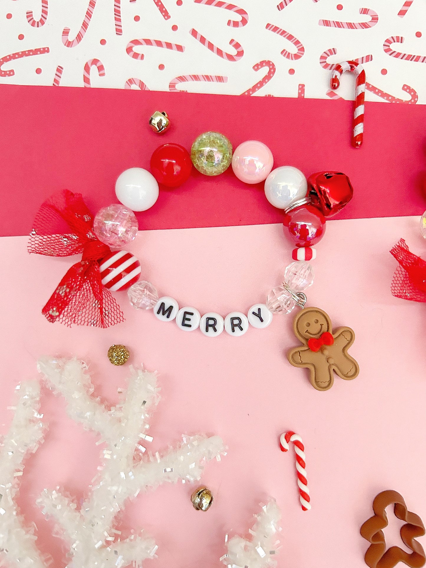 Christmas Gingerbread Jingle Bell Charm Bracelet, Kids Holiday Beaded Bracelet