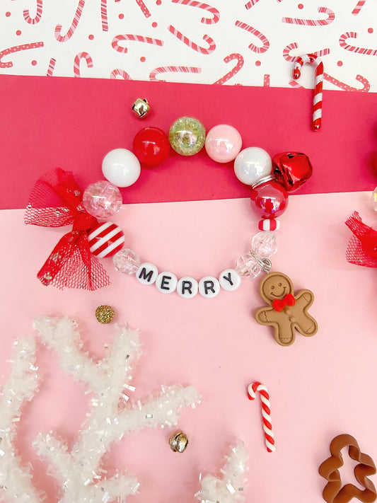 Christmas Gingerbread Jingle Bell Charm Bracelet, Kids Holiday Beaded Bracelet