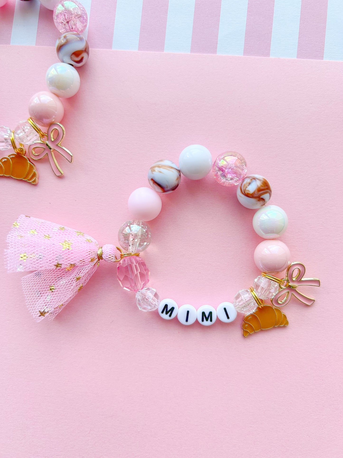 Pink Croissant With Bow Kids Beaded Charm Bracelet