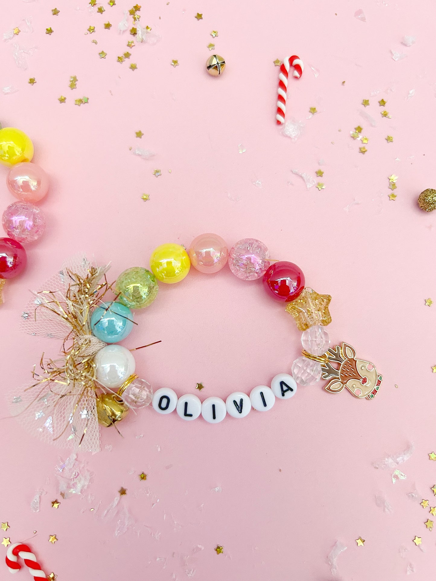 Christmas Holiday Rainbow Reindeer Kids Charm Bracelet, Personalized, Custom Name