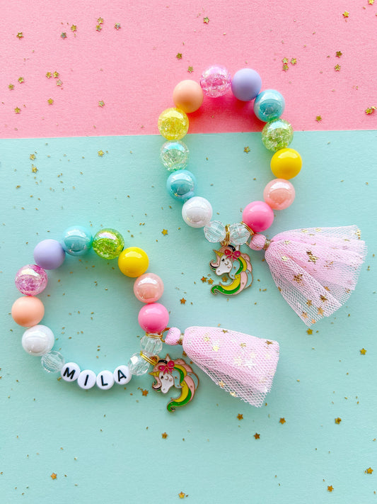 Rainbow Unicorn Kids Tassel Charm Bracelet, Personalized, Custom Name