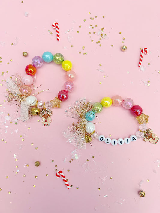 Christmas Holiday Rainbow Reindeer Kids Charm Bracelet, Personalized, Custom Name