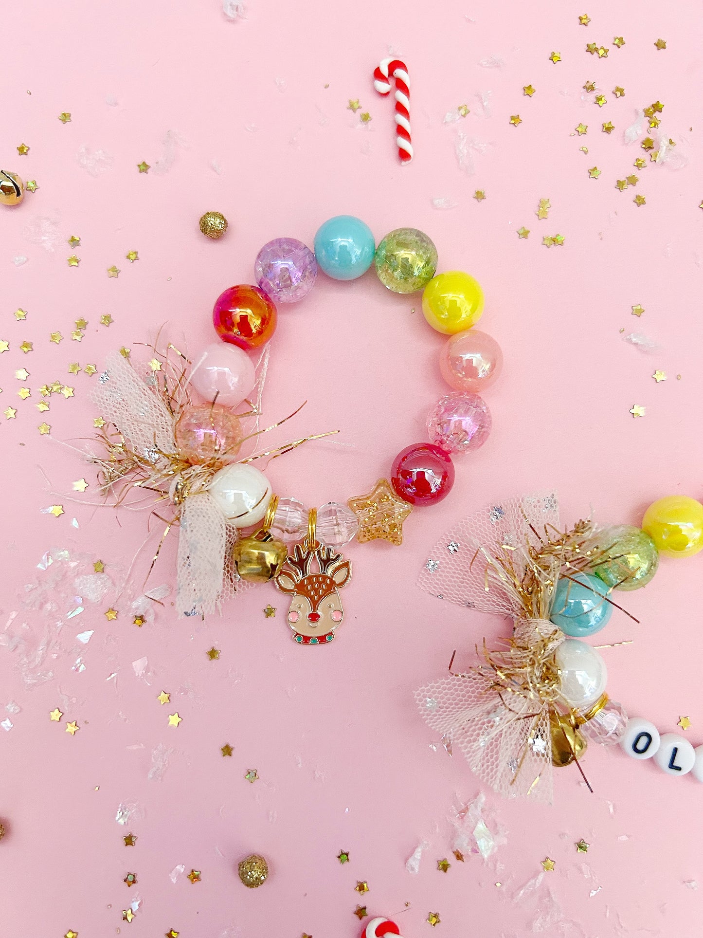 Christmas Holiday Rainbow Reindeer Kids Charm Bracelet, Personalized, Custom Name